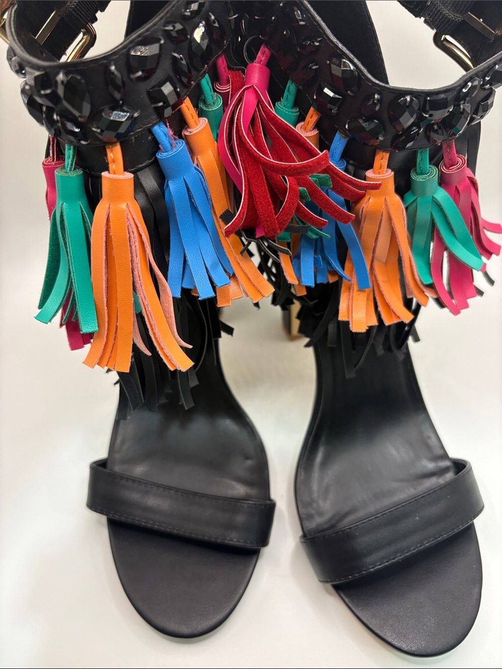 Privileged Black Heeled Sandals with Multicolor Tassels